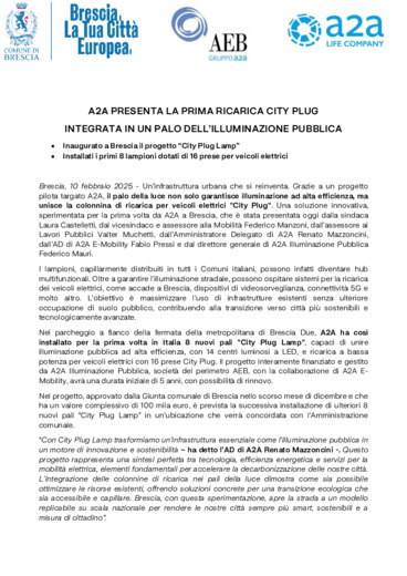 A2A presenta la prima ricarica city plug integrata in un palo dell'illuminazione pubblica