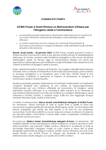 ACWA Power e Snam firmano un Memorandum d