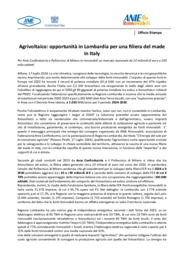Agrivoltaico: opportunit in Lombardia per una filiera del made in Italy