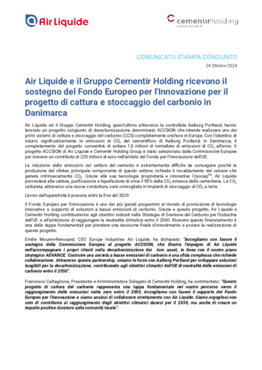 Air Liquide e il Gruppo Cementir Holding ricevono il sostegno del Fondo Europeo per l'Innovazione per il progetto di cattura e stoccaggio della CO2