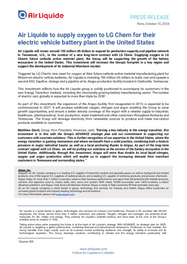Air Liquide fornir ossigeno a LG Chem per la sua fabbrica di batterie per veicoli elettrici negli Stati Uniti