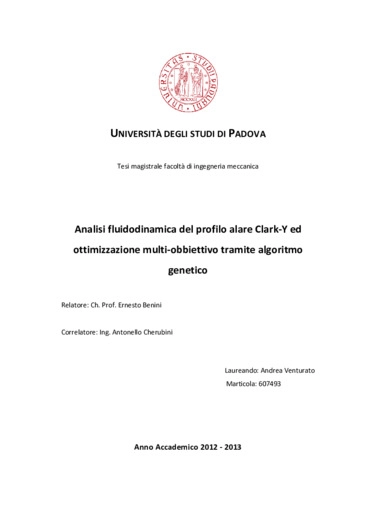 Analisi fluidodinamica del profilo alare Clark-y ed ottimizzazione tramite algoritmo genetico multi-obbiettivo