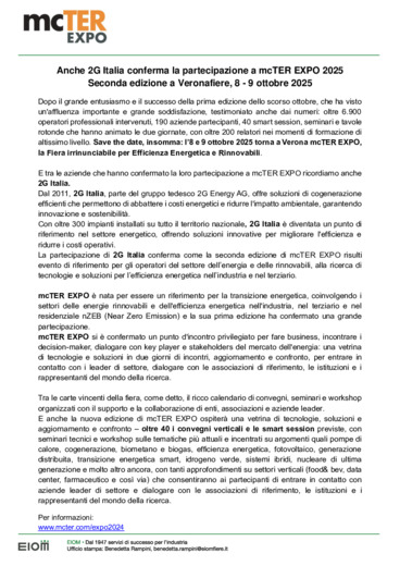 Anche 2G Italia conferma la partecipazione a mcTER EXPO 2025 - Seconda edizione a Veronafiere, 8 - 9 ottobre 2025