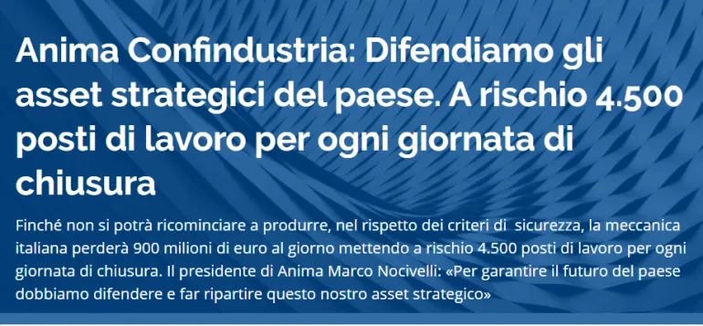 Anima Confindustria: Difendiamo asset strategici del paese. A rischio 4.500