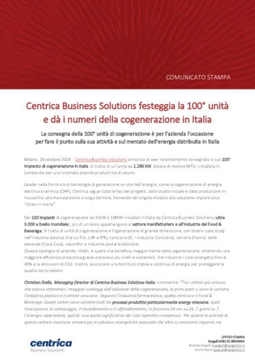 Centrica Business Solutions festeggia la 100 unit e presenta i numeri della cogenerazione in Italia
