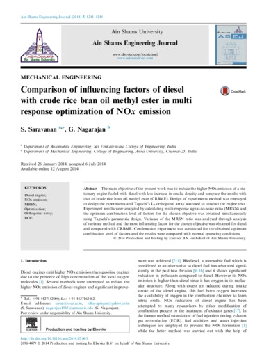 Comparison of influencing factors of diesel with crude rice bran