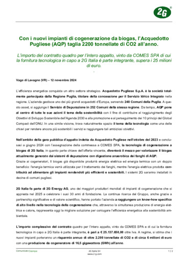 Con i nuovi impianti di cogenerazione da biogas, l'Acquedotto Pugliese (AQP) taglia 2200 tonnellate di CO2 all'anno