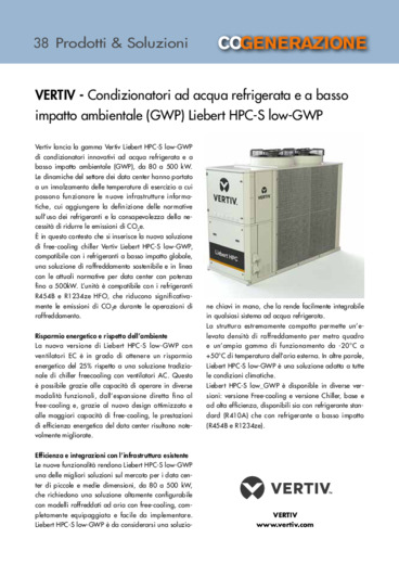Condizionatori ad acqua refrigerata e a basso impatto ambientale (GWP) Liebert HPC-S low-GWP