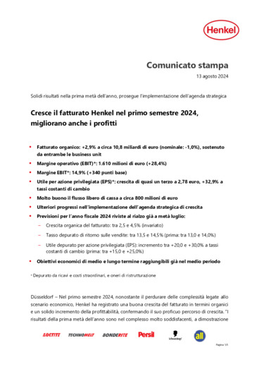 Cresce il fatturato Henkel nel primo semestre 2024, migliorano anche