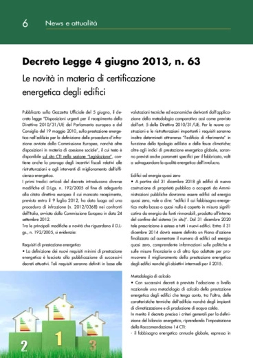 Decreto Legge 4 giugno 2013, n. 63: le novit in materia di certificazione energetica degli edifici