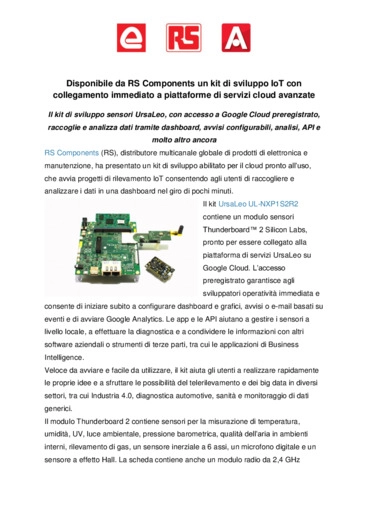 Disponibile da RS Components un kit di sviluppo IoT con