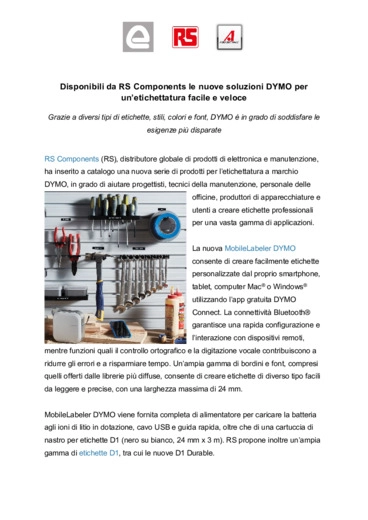 Disponibili da RS Components le nuove soluzioni DYMO per un’etichettatura