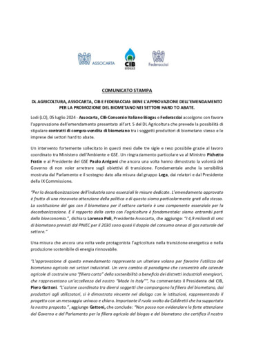DL Agricoltura, Assocarta, CIB e Federacciai: approvato emendamento per la promozione del biometano nei settori hard to abate