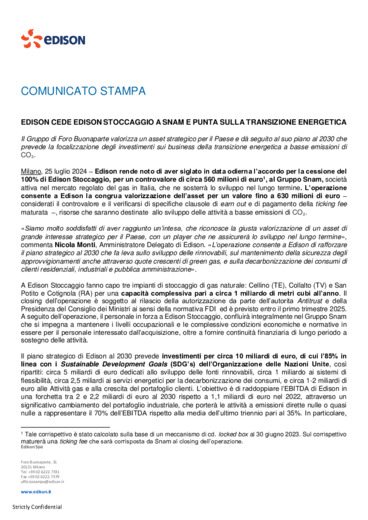 Edison cede Edison stoccaggio a Snam e punta sulla transizione energetica