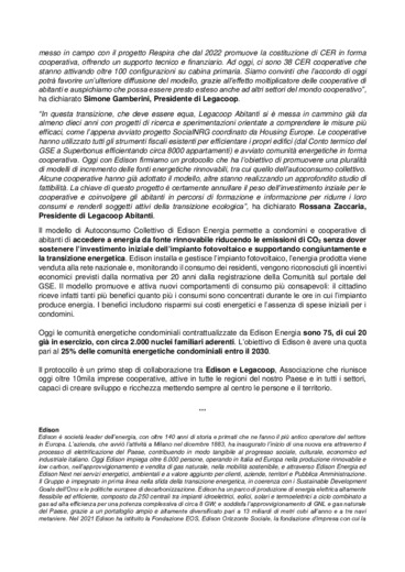 Edison con Legacoop Abitanti per promuovere l'autoconsumo collettivo di energia: firmato un protocollo di collaborazione