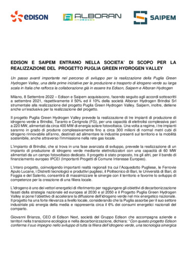 Edison e Saipem entrano nella societ di scopo per la realizzazione del progetto Puglia Green Hydrogen Valley