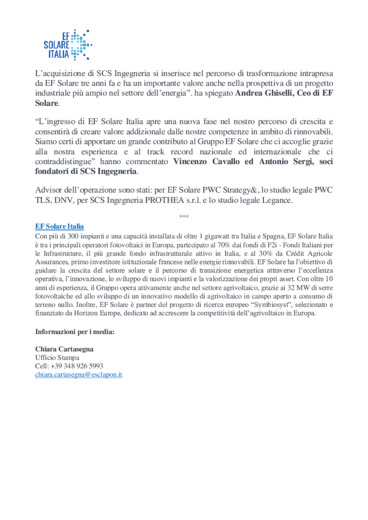 EF Solare Italia acquisisce SCS Ingegneria e rafforza il suo presidio delle componenti industriali nel settore delle rinnovabili