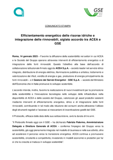 Efficientamento energetico delle risorse idriche e integrazione delle rinnovabili, siglato accordo tra ACEA e GSE