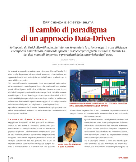Efficienza e Sostenibilit - Il cambio di paradigma di un approccio Data-Driven - Quick Algorithm per ICP Magazine Marzo 2022