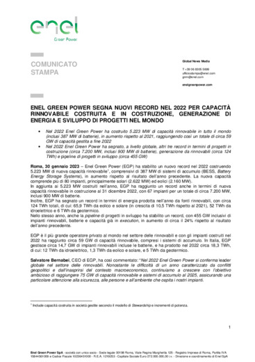 Enel Green Power: nuovi record nel 2022 per capacit rinnovabile costruita e in costruzione, generazione di energia e sviluppo di progetti nel mondo