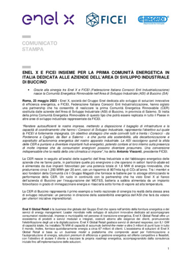 Enel X e FICEI insieme per la prima comunit energetica in Italia dedicata alle aziende dell'Area di Sviluppo Industriale di Buccino
