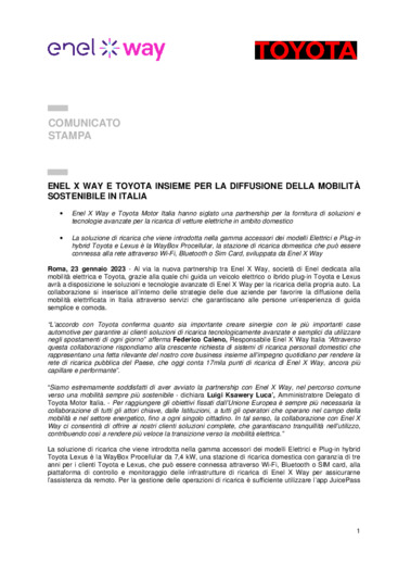 Enel X Way e Toyota insieme per la diffusione della mobilit sostenibile in Italia