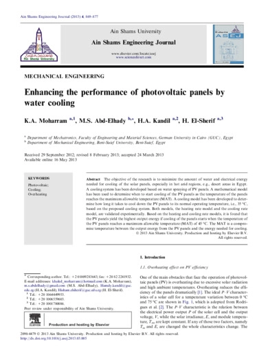 Enhancing the performance of photovoltaic panels by water cooling