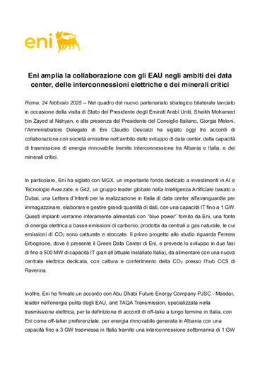 Eni amplia la collaborazione con gli EAU negli ambiti dei data center, delle interconnessioni elettriche e dei minerali critici