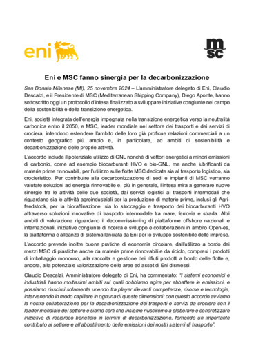 Eni e MSC fanno sinergia per la decarbonizzazione