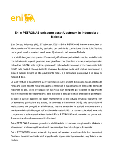 Eni e PETRONAS uniscono asset Upstream in Indonesia e Malesia