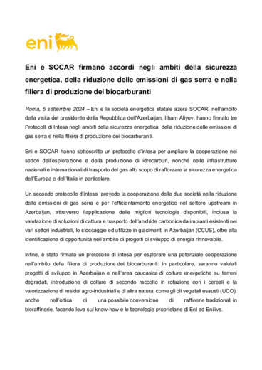 Eni e SOCAR firmano accordi su sicurezza energetica, della riduzione di emissioni di gas serra e nella filiera di produzione dei biocarburanti