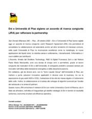 Eni e Universit di Pisa siglano un accordo di ricerca congiunta (JRA) per rafforzare la partnership