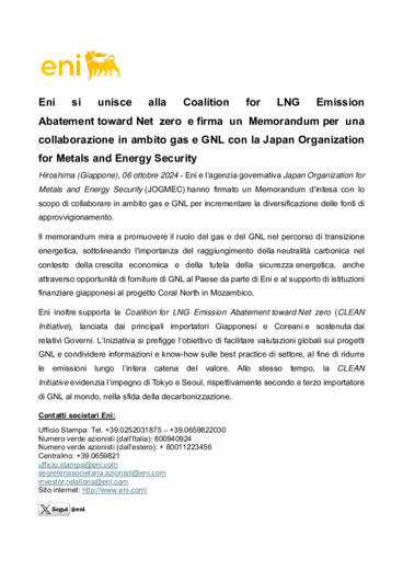 Eni si unisce alla Coalition for LNG Emission Abatement toward