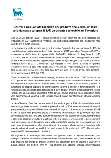 Enilive: a Gela avviato l'impianto che produrr fino a quasi un terzo della domanda europea di SAF, carburante sostenibile per l'aviazione