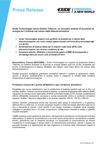 Exide Technologies lancia Solition Telecom: un avanzato sistema di accumulo di<br>energia per il backup nel campo delle telecomunicazioni