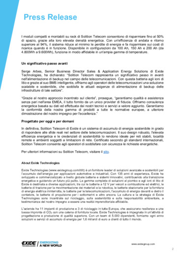 Exide Technologies lancia Solition Telecom: un avanzato sistema di accumulo di<br>energia per il backup nel campo delle telecomunicazioni