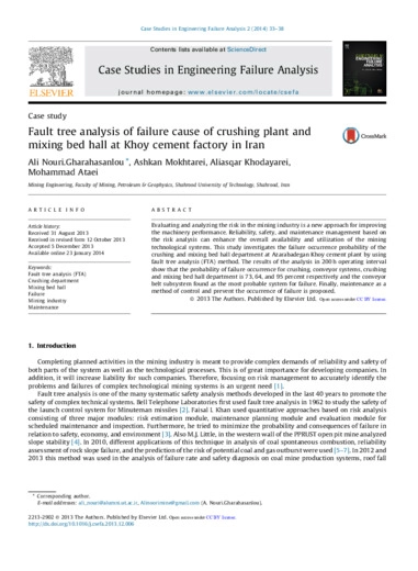 Fault tree analysis of failure cause of crushing plant and mixing bed hall at Khoy cement factory in Iran