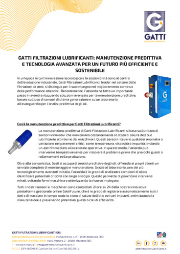 Gatti Filtrazioni lubrificanti: Manutenzione predittiva e tecnologia avanzata per un futuro pi efficiente e sostenibile