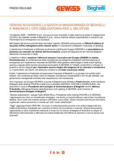 GEWISS acquisisce la quota di maggioranza di Beghelli e annuncia l'OPA obbligatoria per il delisting