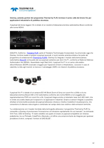 Gremsy, azienda partner del programma Thermal by FLIR, fornisce il carico utile del drone Vio per<br>applicazioni industriali e di pubblica sicurezza.