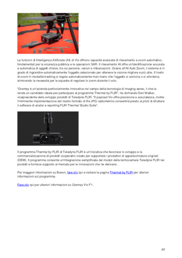 Gremsy, azienda partner del programma Thermal by FLIR, fornisce il carico utile del drone Vio per<br>applicazioni industriali e di pubblica sicurezza.