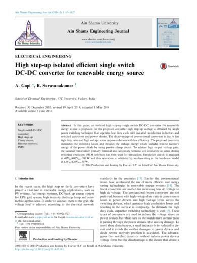 High step-up isolated efficient single switch DC-DC converter for renewable