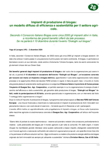 Impianti di produzione di biogas: un modello diffuso di efficienza e sostenibilit per il settore agricolo.