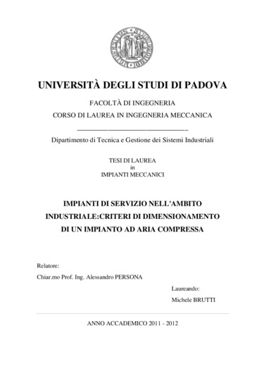 Impianti di servizio nell'ambito industriale:criteri di dimensionamento di un impianto ad aria compressa