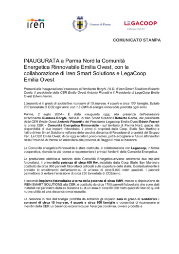 Inaugurata a Parma Nord la Comunit Energetica Rinnovabile Emilia Ovest, con la collaborazione di Iren Smart Solutions e LegaCoop Emilia Ovest