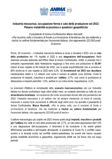 Industria meccanica, occupazione ferma e calo della produzione nel 2023.