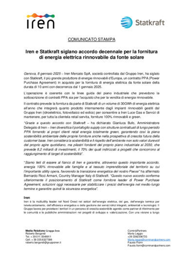 Iren e Statkraft siglano accordo decennale per la fornitura di energia elettrica rinnovabile da fonte solare