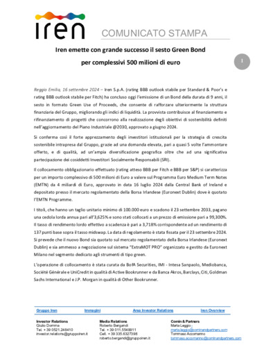 Iren emette con grande successo il sesto Green Bond per complessivi 500 milioni di euro