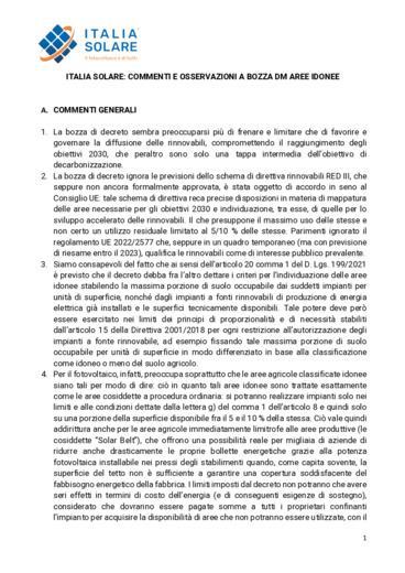 ITALIA SOLARE sul Decreto aree idonee: forte penalizzazione del fotovoltaico e impossibilit a raggiungere gli obiettivi di decarbonizzazione