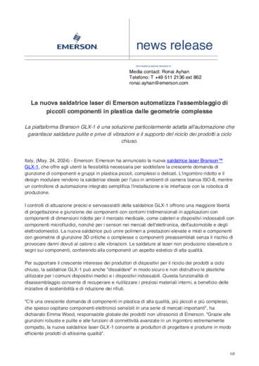 La nuova saldatrice laser di Emerson automatizza l'assemblaggio di piccoli componenti in plastica dalle geometrie complesse